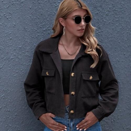 Corduroy Coat 2021 Autumn Winter Fashion Women Turn-down Collar Solid Pockets Jacket Sexy Short Button Overcoat