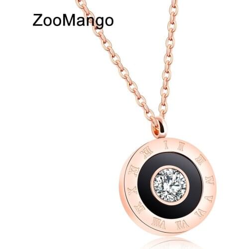 ZooMango Rose Gold CZ Crystal Roman Numeral Pendant Necklace For Women Stainless Steel Link Chain Black Acrylic ZN19106