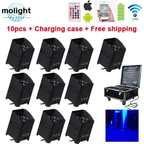 10pcs/flycase Wireless DMX UpLighting Battery Power Wifi Remote LED DJ Uplights 4*18W RGBWAUV 6in1 DJ Disco Effect Party light