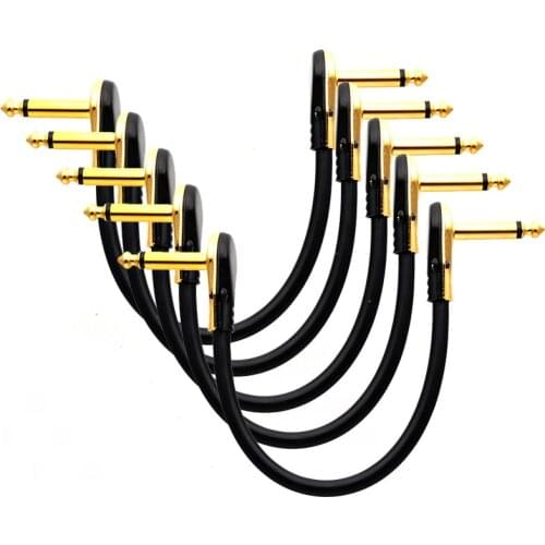 5pcs Guitar Patch Cable 20cm Pedal Boards Cord 1/4 Mono Right Angle Pancake Type Connectors Gold/Chrome