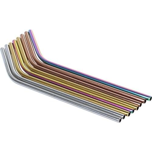 8 Pack - Stainless Steel Coloured Reusable Straws - Includes 2 Long Cleaning Brushes