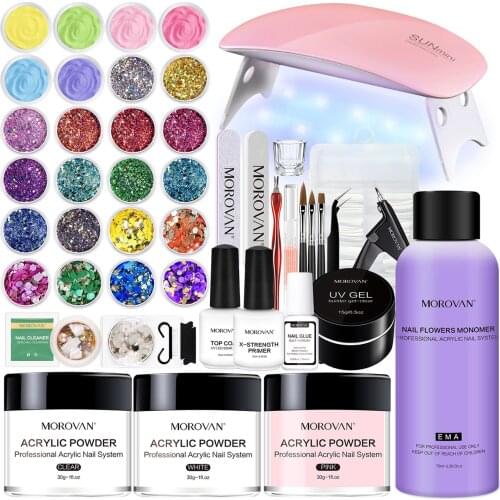 Acrylic Nail Kit - Acrylic Powder and Nail Liquid Monomer Set Glitter Powder Nail Art Sequins Set Primer Nail with Nail Lamp