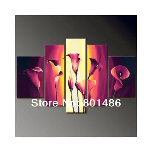 Free shipping Handpainted Canvas Wall Art flora purple calla lily oil painting 5 Panels Decorative canvas unframed