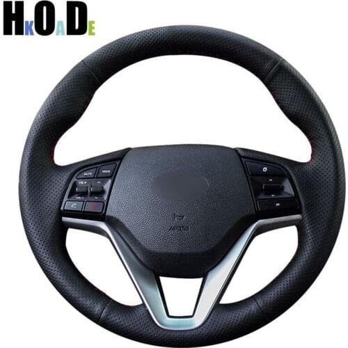 DIY Hand-stitched Steering Wheel Cover Black PU Artificial Leather Car Steering Wheel Coverss for Hyundai Tucson 2015 2016
