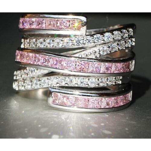 YaYI Fine Jewelry Fashion Princess Claw Set Cut Pink Cubic Zirconia Silver Color Engagement Wedding Party Lovers Gift Rings