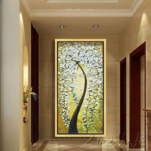 Oil painting On Canvas Wall Pictures Paintings For Entry Way Canvas Wall Art Palette Knife Hand Painted Yellow Flower Tree