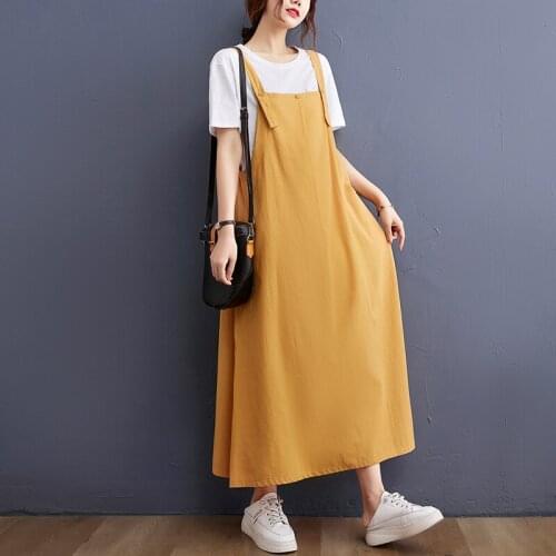 Korea Style Sleeveless Strap Sumdress 2021 New Arrival Cotton Linen Loose Summer Dress Holiday Travel Casual Long Women Dress