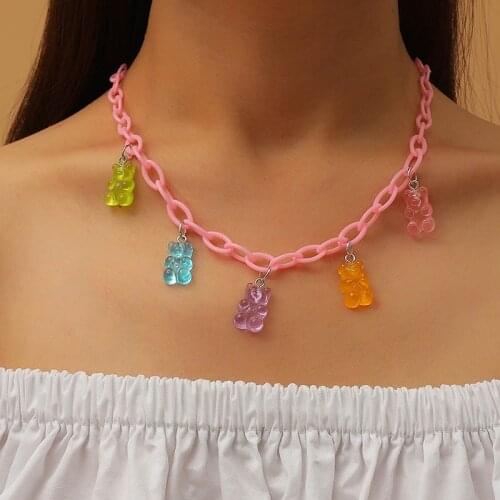 Cute Harajuku Rainbow Lucency Animal Bear Pendant Acrylic Chain Necklace on Neck Women Jewelry 2020 Gifts for The New Year
