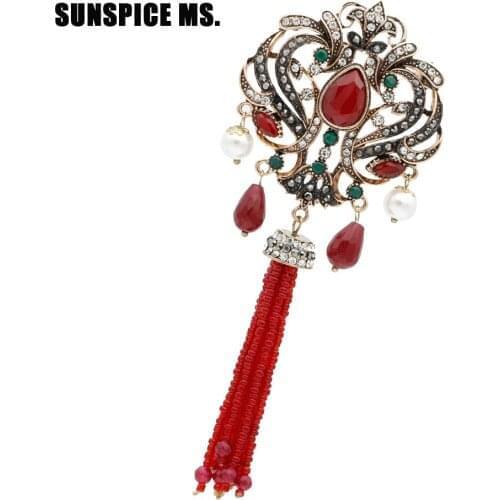Fashion Turkish Women Red Bead Flower Brooch Pins Antique Gold Color Resin Tassels Corsage Indian Vintage Ethnic Wedding Jewelry
