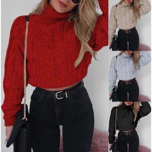 Fashion Winter Women Solid Color High Neck Long Sleeve Knitted Cropped Sweater New Chic