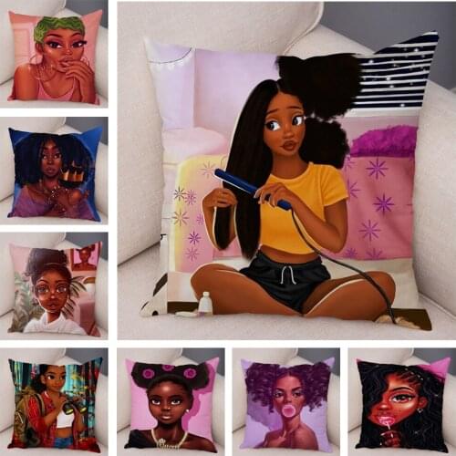 Vogue African Lady Pillowcase Decor Fashion Women Girl Pillow Case Super Soft Plush Cushion Cover for Sofa Home Office 45x45cm