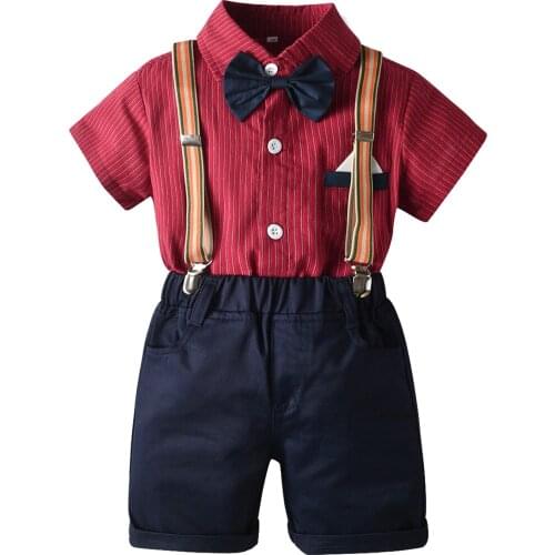 Toddler Boys Gentleman Outfits Short Sleeve Summer Bowtie Shirt + Bib Shorts 2 Piece Set Red Blue Casual 1-7 Years