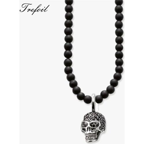 Strand Necklace Skull Pendant Obsidian Beads, Fashion 925 Sterling Silver Colar Masculino Jewelry Punk Gift For Men Women Boy