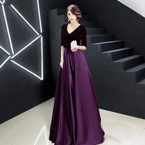 Evening Dress Velvet Top A Line Floor Length Formal Party Gowns 2020 Sexy V-Neck Half Sleeve Elegant Vestidos Women Dresses K246