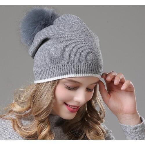 [Rancyword] Winter Hats For Girls Skullies Knitt Wool Pom Poms Beanies Female Real Fox Fur Pompon Hat For Women 2020 New RC2033