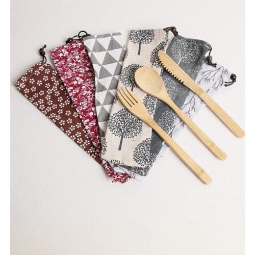 Japanese Style Portable Tableware Set Bamboo Knife Spoon Fork with Drawstring Cloth Bag Cutlery Set LX8166