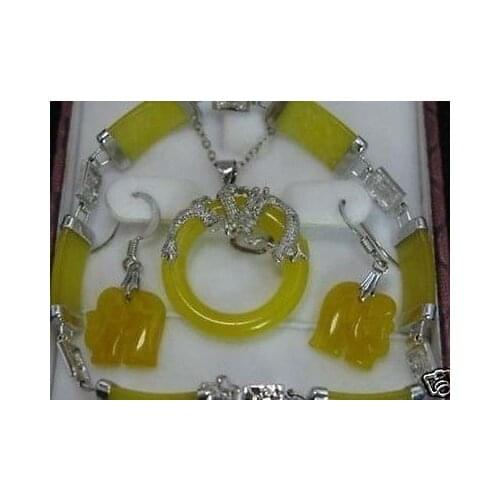 Wonderful white yellow Elephant Natural stone pendant Necklace bracelet earring set AAA style 100% Noble Fine jewe