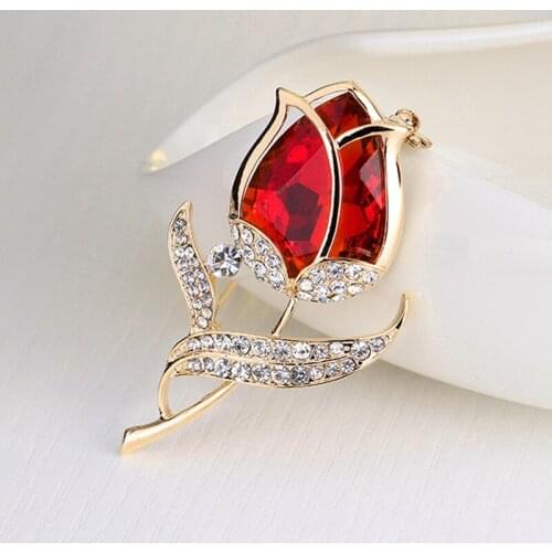 Vintage Tulip Flower Brooch Pin Crystal Costume Jewelry Clothes Accessories Pin Brooches For Women Wedding party