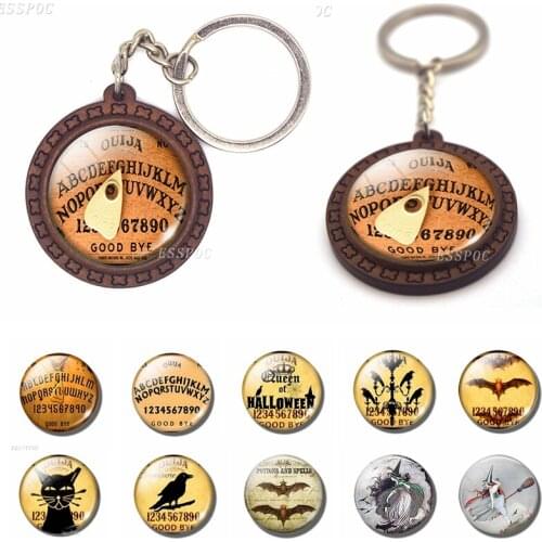 Vintage Ouija Cat Bat Cothic Divination Wooden Keychain Glass Dome Cabochon Jewelry Women Pendant Key Chain Happy Halloween Gift