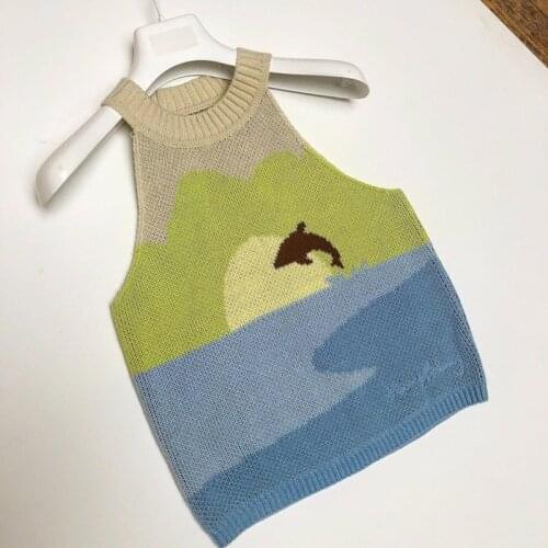 Y2K Summer Knitted Crop Top Women Sleeveless Casual House Off Shoulder Sunny Camis Fashion Steetwear Wave Rider Halter Tank Tops