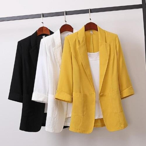 Women Blazers Solid Color Summer Spring Coat Cotton Linen Medium Long Loose Suit Jacket Female Tops New casaco feminino M-4XL