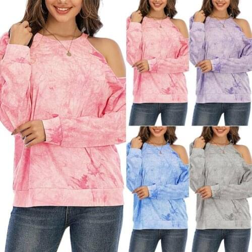 Womens Tie Dye Cold Shoulder T-Shirt Ladies Long Sleeve Blouse Casual Loose Tops