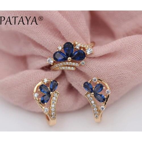 PATAYA New Arrivals Women Fine 585 Rose Gold Party Jewelry Dark Blue Water Drop Petal Natural Zircon Dangle Earrings Rings Sets
