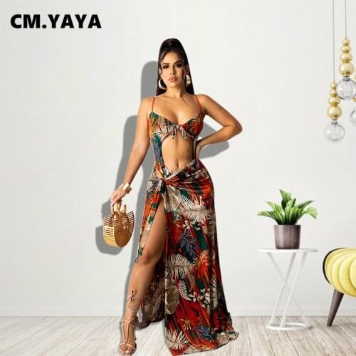 CM.YAYA Women Bikinis Set Print Strap Hollow Out Bodysuit Bandage Long Skirts Two 2 Piece Sets Sexy Beachwaer Outfit Summer 2021