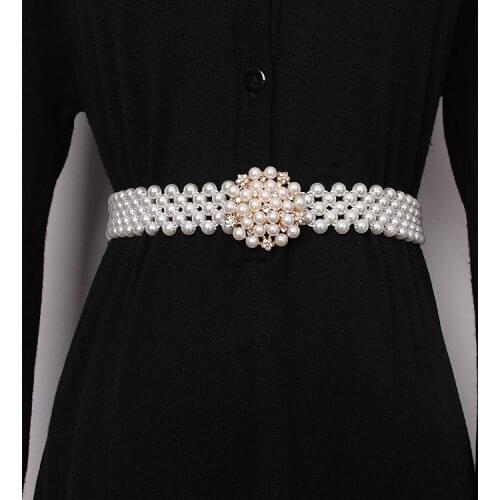 Womens runway fashion elastic pearl Cummerbunds female Dress Corsets Waistband Belts decoration wide belt TB1252