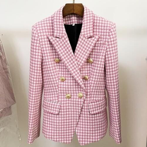 EXCELLENT QUALITY Newest Fashion 2021 Designer Jacket Womens Double Breasted Lion Buttons Wool Tweed Houndstooth Blazer
