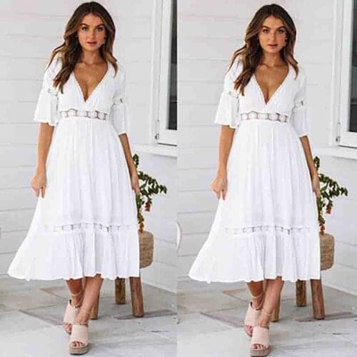 Summer Ladies V-Neck Solid Color Short-Sleeved Fashion Lace Stitching Long Dress French Elegant Bohemian Dress