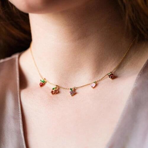 Sweet Women Fashion Fruits cherry apple strawberry grape peach charm Necklace Gold color Chain cute Fruit Basket Choker Jewelry