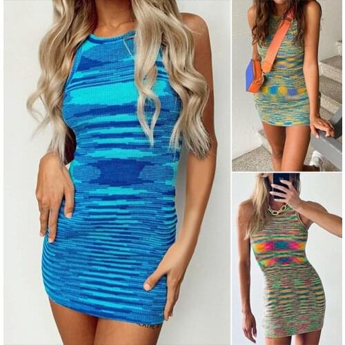 Womens Sexy Tie Dye Mini Dress Ribbed Knit Sleeveless Dress Summer Dress