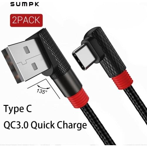 2Packs QC3.0 USB C Elbow Cable Quick Charge 90 Degree Cord For Charging Mobile Type C Wire Phone Charger Data Cable for Xiaomi