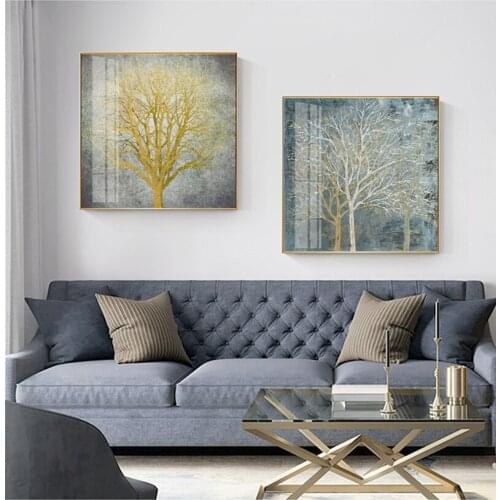 Abstract Exquisite Golden Silver Trees Painting Style Modern Decorative Canvas Wall Art Poster for Home Room Hotel Office Decor
