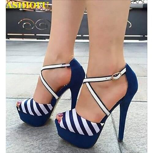 ASHIOFU Handmade New Womens High Heel Sandals X-buckle Strap Peep-toe Summer Shoes Platform Sexy Fashion Casual Sandals Shoes