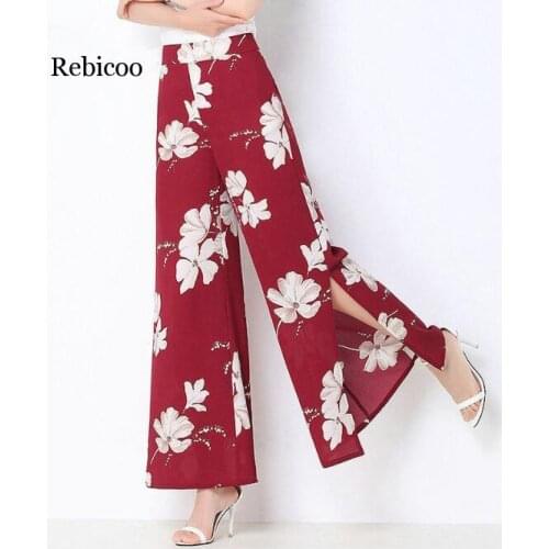 Fashion Women Split Side Buttons Wide Leg Jogger Casual Long Pants Summer Loose Striped High Waist Trousers