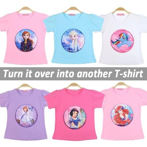 Childrens short-sleeved t-shirt 3-8 years old girls Disney summer cotton half-sleeved top with sequins turned over