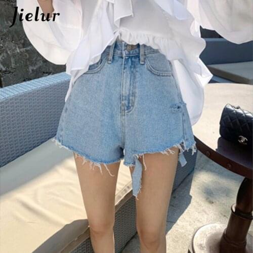 Jielur Ladies Chic Ripped Holes Tassels Shorts for Women Blue High Waist A-line Women Denim Shorts Black Jeans Streetwear S-L