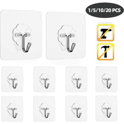 1/3/5/10pcs Wall Hooks Seamless Self Adhesive Hooks Door Wall Hangers Transparent Reusable Hanging Hook for Kitchen Bathroom