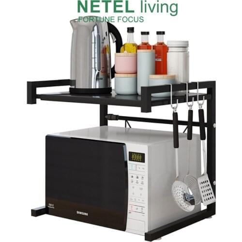 Kitchen Organizer Expandable Microwave Oven Rack Stand Shelf Carbon Steel Kitchen Counter Shelf with 3 Hooks Black/White