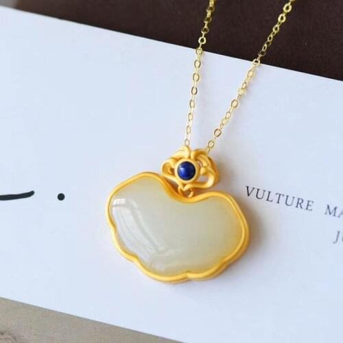 Natural Hetian White Jade Lapis Lazuli Lock of Good Wishes Pendant S925 Sterling Silver Inlaid Gemstone Safe Clavicle Chain New