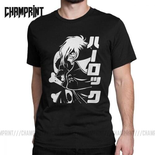 Mens T-Shirts Harlock Space Pirate Creative 100% Cotton Tee Shirt Short Sleeve Captain Manga Anime T Shirts Clothes Plus Size