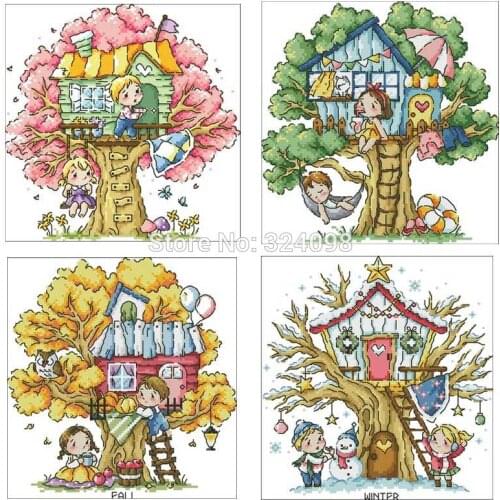 Four seasons tree house patterns Counted Cross Stitch 11CT 14CT 18CT DIY Chinese Cross Stitch Kits Embroidery Needlework Sets