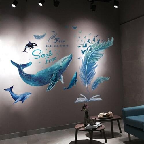[SHIJUEHEZI] Cartoon Feathers Wall Stickers DIY Whale Animal Wall Decals for Kids Bedroom Nursery Wardrobe Home Decoration