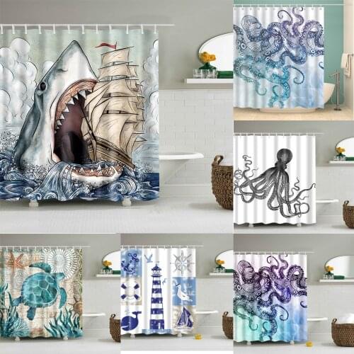 Octopus Seas Lighthouse Shower Curtains Bath Curtain Sea Turtle Bath Curtain Home Decor Washable Bathroom Screen With 12 Hooks