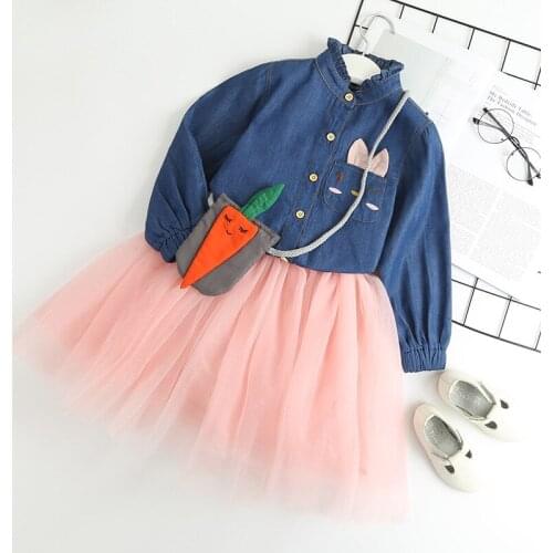 Girls Dress Casual Style Christmas Dress Long Sleeve Denim Cartoon Embroidery Shirt+Mesh Dress 2pc for Girls Clothes，1 pc bag