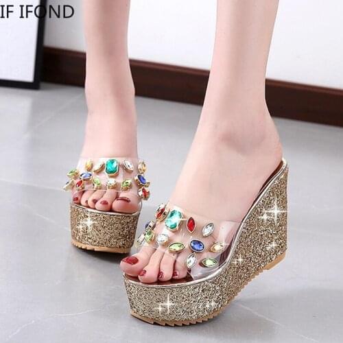 IF IFOND Transparent PVC Crystal Platform Wedges Slippers Summer Sequins Beach Flip Flops Solid Slides Casual Ladies Footwear