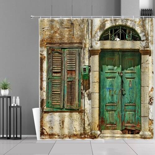 3D Printing Retro Vintage Old Wooden Door Waterproof Shower Curtain Background Bathroom Decoration Polyester Fabric With Hook