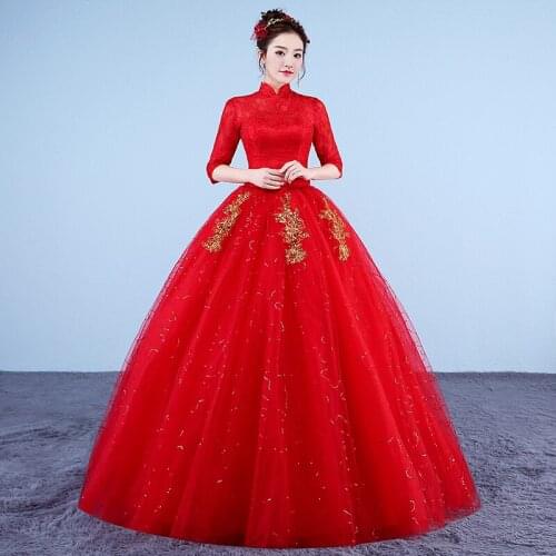Wedding Dress Illusion High Half Embroidery Sequined Lace Tulle Backless Luxury Red Floor-Length Vintage Women Bridal Gown FB688